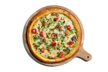 Pizza with mussels, tomatoes, cheese, green onions and sauce