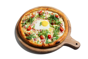 Pizza with egg, arugula, cheese, tomatoes, bacon and sauce