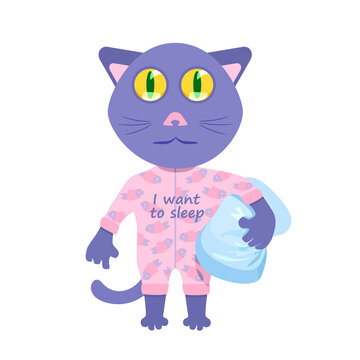 Cute cartoon cat wants to sleep, a cat in pajamas stands with a pillow, for funny behavior illustration, humor, stickers, badges, comic plot and as a design element