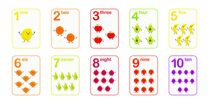 number flashcards with cartoon fruits for kids