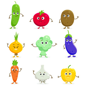 vector set of cute cartoon vegetables with different emotions
