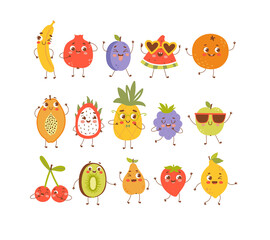 Vector fruits set. Cartoon fruits character with kawaii faces. Clipart for children isolated on white background. Funny pineapple, cherry, lemon, orange, watermelon, papaya, plum, and strawberry.