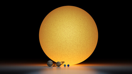 Size comparison of Sun with planets, Mercury, Venus, Earth, Mars, Jupiter, Saturn, Uranus, Neptune. Accurate sizes 3d rendering astronomy science illustration.