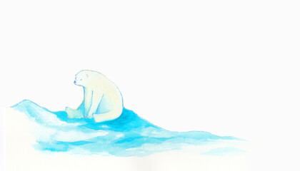 Fototapeta na wymiar 水彩で描いた氷の上に座るシロクマのイラスト　暑中見舞い