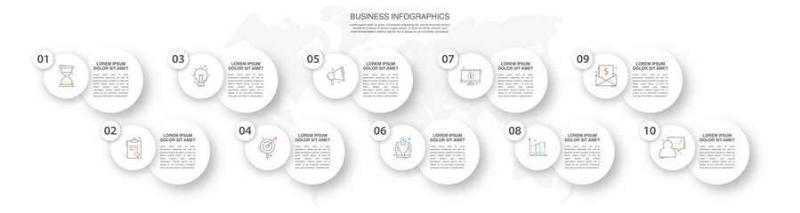 Modern infographics vector template. Business data visualization. White process chart. Simple design with 10 circles, steps, options, parts or processes.