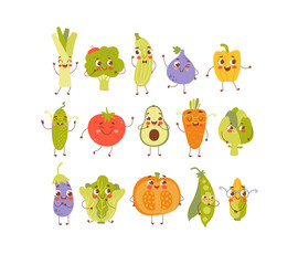 Set of cartoon vegetable characters. Clipart for children isolated on white background. Funny vector food. Tomato, pumpkin, eggplant, broccoli, carrot, artichoke, corncob, green peas, and zucchini.
