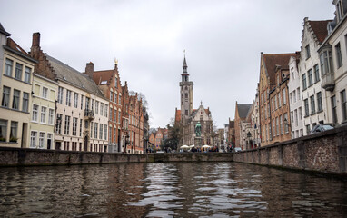 Fototapeta na wymiar Brugge, Belgium - March 23, 2019: Classic view of the historic city center of Brugge, West Flanders province.