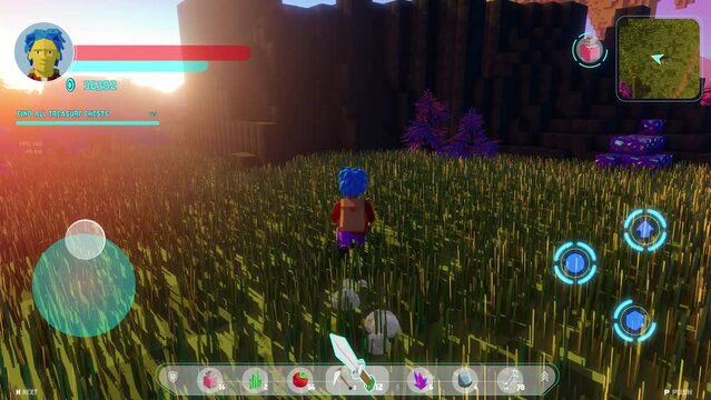 Animated MMO Arcade with Hero Character Running with Pickaxe and Gathering Different Valuable Resources. Endless Loop Video Game Mock Up Concept: 3D Third Person Fantasy Open World Online Gameplay.