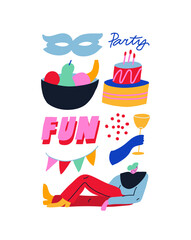 Colorful vector collection of illustrations on the theme of party, birthday, celebration. Depiction of bowl fruit, cake, garland, wineglass, girl and lettering. Decorative element.
