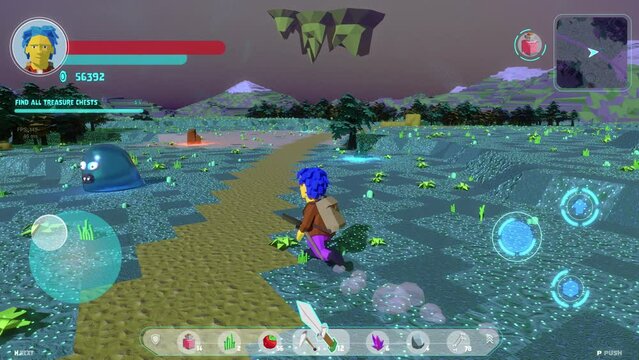Endless Loop Video Game Mock Up Concept for Playback on Smart Devices with Digital Control Buttons: 3D Third Person Fantasy MMO Arcade with Hero Character Running with Sword and Fighting Monsters.