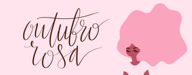 Outubro Rosa - Pink October in Brazilian language. Breast Cancer Awareness campaign web banner. Handwritten lettering. - obrazy, fototapety, plakaty