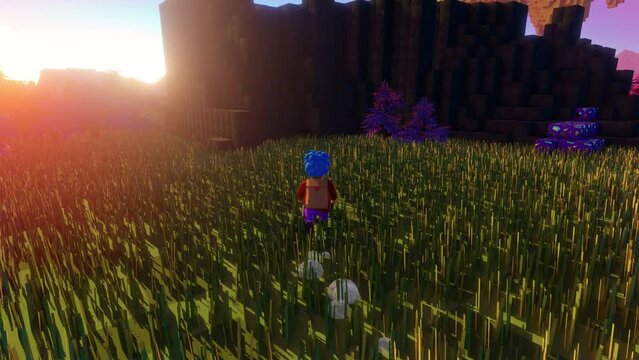 Animated MMO Arcade with Hero Character Running with Pickaxe and Gathering Different Valuable Resources. Endless Loop Video Game Mock Up Concept: 3D Third Person Fantasy Open World Online Gameplay.