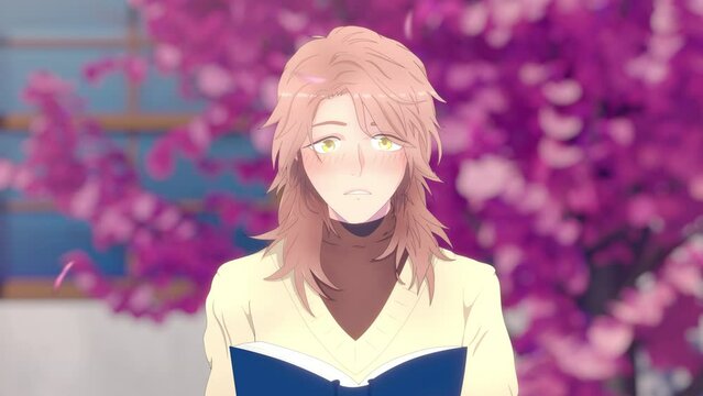 Anime Cartoon Montage with Young Man Meeting a Shy Girl in Schoolyard with Sakura Leaves Floating Around. Digitally Drawn TV Show in Japanese Style for Playback on Streaming Service. Network Channel.