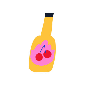 Colorful vector illustration of yellow bottle with pink label and cherries on it. Decorative element. For cards, posters, stationery. Cute image.