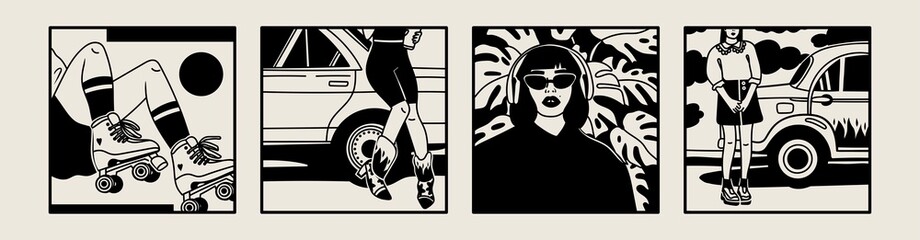 Girl stands near car. Stylish woman wearing trendy fashion clothes. Ladies with retro skates and headphones. Set of four black and white Hand drawn Vector illustrations. Poster, print, logo templates © Dariia