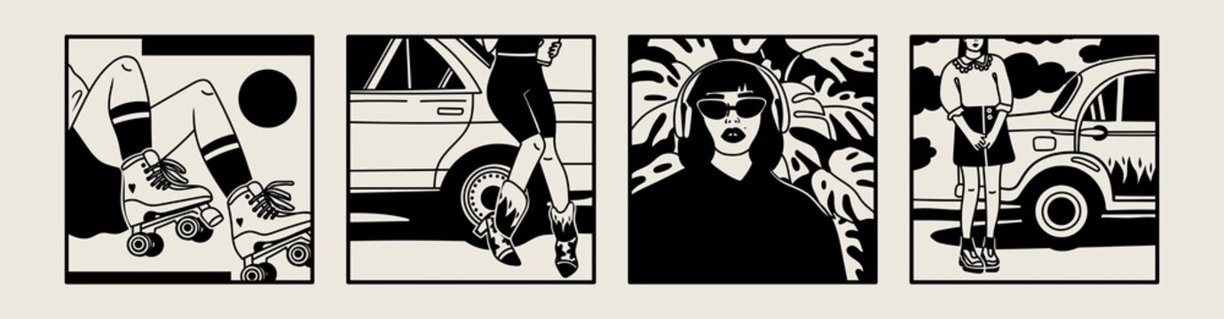 Girl stands near car. Stylish woman wearing trendy fashion clothes. Ladies with retro skates and headphones. Set of four black and white Hand drawn Vector illustrations. Poster, print, logo templates