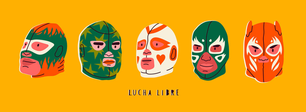 Various Lucha libre masks. Luchador colorful head set. Traditional Mexican wrestling masks. Luchadores Heroes. Hand drawn modern Vector illustration. Every head is isolated. Cartoon style