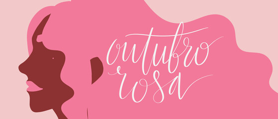 Outubro Rosa - Pink October in Brazilian language. Breast Cancer Awareness campaign web banner. Handwritten lettering.