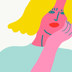 Colorful vector illustration with a girl. Woman's portrait. Depiction of young lady with yellow hair. For cards, posters, stationery.