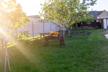 Summer evening in the garden, lawn, trees, barbecue with burning fire