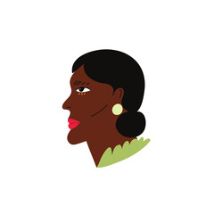 Minimalist vector portrait of a lady with black skin. Profile portrait of a woman in green clothes.