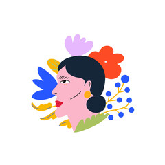 Colorful vector illustration with portrait of a girl. Profile portrait of a woman. Beautiful flowers on the background.