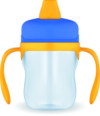 Bright plastic children's training cup with a nose and handles. Vector EPS-10