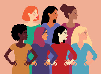 Women of different nationalities and cultures standing together. Women's friendship, union of feminists or sisterhood. The concept of the female's empowerment movement.