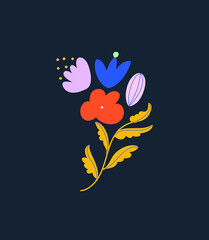 Colorful vector illustration with flowers. Floral composition on dark background. Nature elements. For cars, posters, stationery, tote bags.