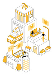 オンラインショッピングをする人々のアイソメトリックなイメージ