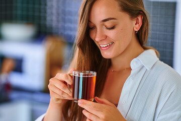 Happy beautiful joyful carefree satisfied attractive woman drinking hot black tea at home kitchen