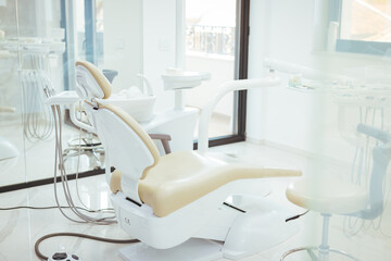 Inside the dental office. Devices and equipment. Modern dentist room and new equipment inside....