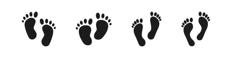 Fototapeta na wymiar Foot print sign. Human footprint icon. Shoe step vector symbol. Barefoot walk isolated on white background. Man and baby kids imprint silhouette set.