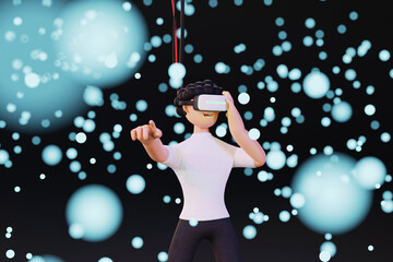 3D cartoon charecter Man wearing technology and touching virtual reality enter the virtual world, Metaverse, Into the future - 3D render illustration