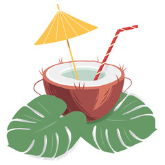 Cocktail in a coconut shell with an umbrella and straw in trendy hues with exotic monstera leaves © Nataliya