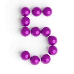 Number 5 from balls. Font from shiny purple balls. White background. Bright festive font. 3d render