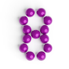 Number 8 from balls. Font from shiny purple balls. White background. Bright festive font. 3d render