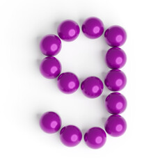 Number 9 from balls. Font from shiny purple balls. White background. Bright festive font. 3d render