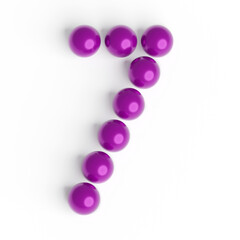 Number 7 from balls. Font from shiny purple balls. White background. Bright festive font. 3d render