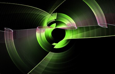 The green curling and wavy blades of the abstract screw rotate on a black background. Abstract fractal background. 3d rendering. 3d illustration.