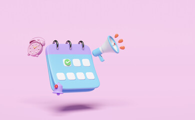 3d calendar with clock, checkmark icons, marked date, notification bell, megaphone, hand speaker isolated on pink background. schedule appointment announce, appointment date, 3d render illustration