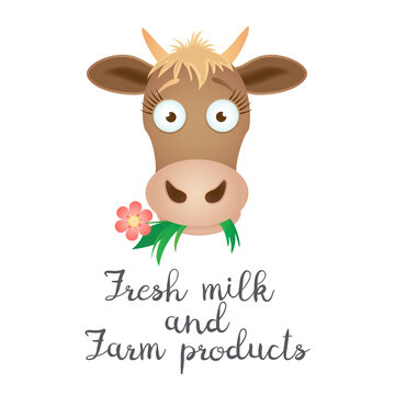 Vector graphic illustration of a funny cow with a pink flower