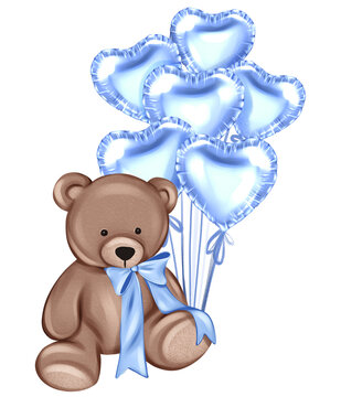 Teddy bear and blue balloons. Hand drawn baby shower greeting card