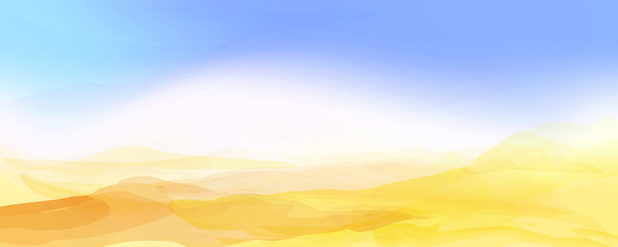 Desert landscape, View of the dunes, sky, golden sand. Abstract vector illustration, watercolor style. 