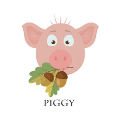 Vector graphic illustration of a funny pig with acorns
