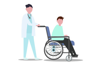 車椅子を押す白衣を着た医者 患者 治療 病院 ベクターイラスト