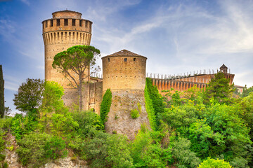 Fototapeta na wymiar Brisighella, Ravenna, Emilia-Romagna, Italy, Ravenna, Emilia-Romagna, Italy. Beautiful panoramic aerial view of the medieval city and Manfredian fortress with clock tower. Famous symbols