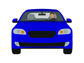 Blue car with a driver on a white background (front view)