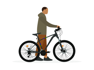 Male character with bike on white background