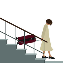 Female character with a suitcase going down the stairs on a white background